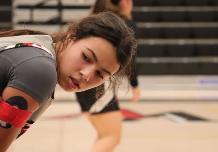 Valley View basketball star Ari Long wears two devices to help control her blood sugar, including the one visible here on her arm. Photo: John Murphy